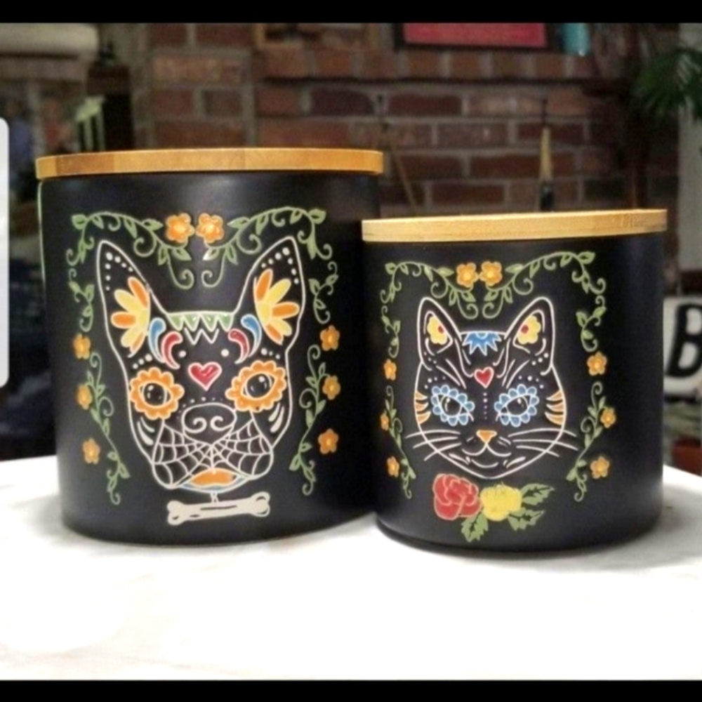 inHomestylez Day of the Dead Dog Cat canister cellar wooden wood lid set eli ana